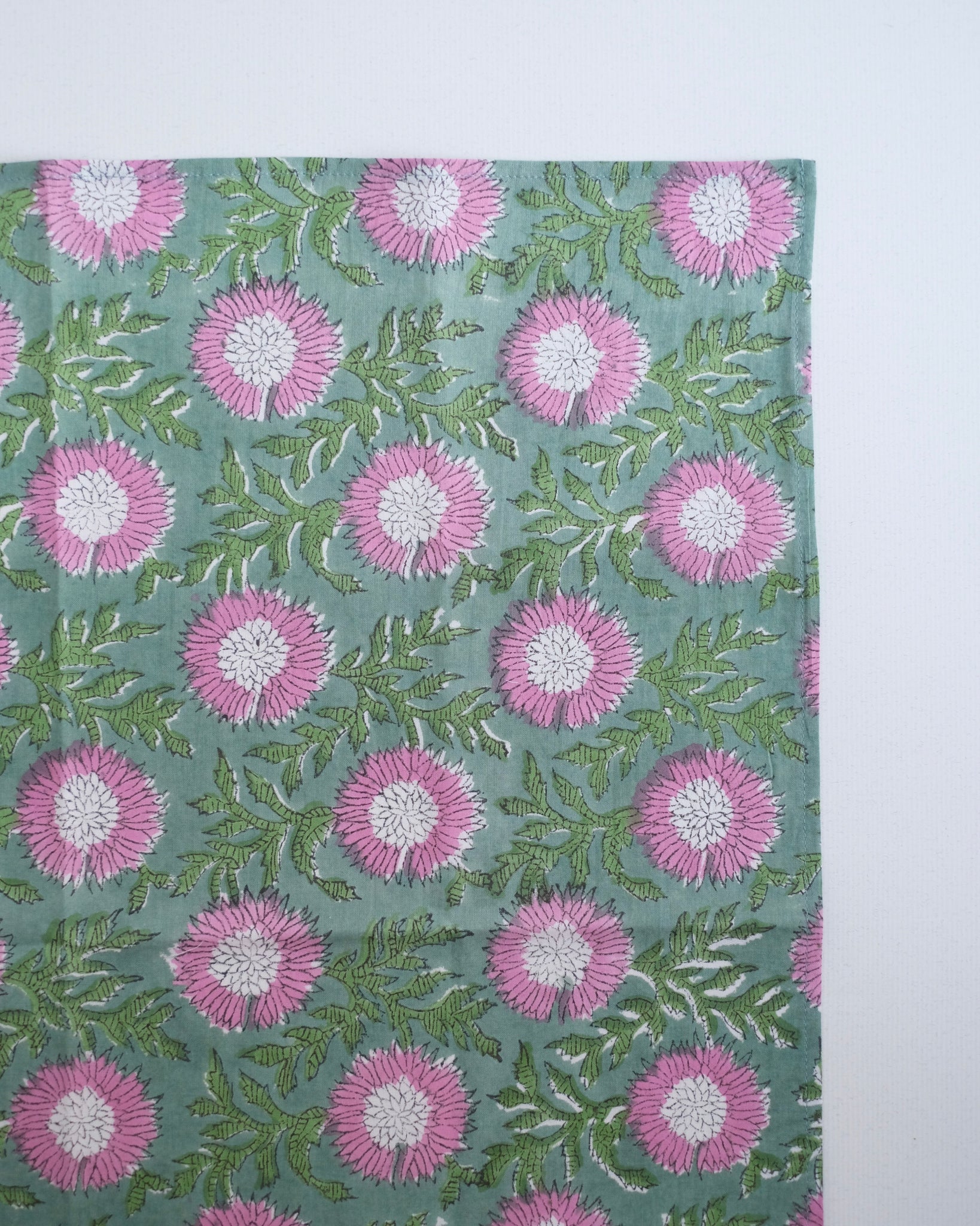 ブロックプリント ハンカチ（グレイッシュグリーン・ピンクフラワー